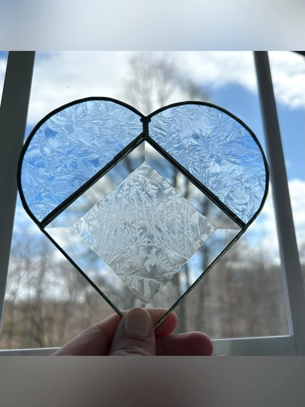 VTG Heart Stained Glass Suncatcher Art Handcrafted Hanging Home Decor Blue White
